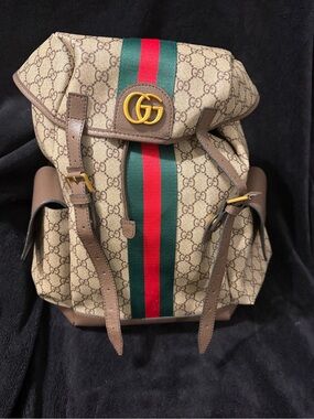 Gucci Beige GG Supreme Canvas Backpack with Red & Green Web Stripe